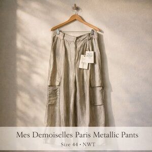 Mes Demoiselles Paris Metallic Pleated Wide Leg Pants Gold Size 44 NWT